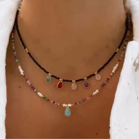 Bohemian 2-Layer Colorful Beaded Necklace with Gemstone Charms | 15” + Extender - Picture 1 of 3